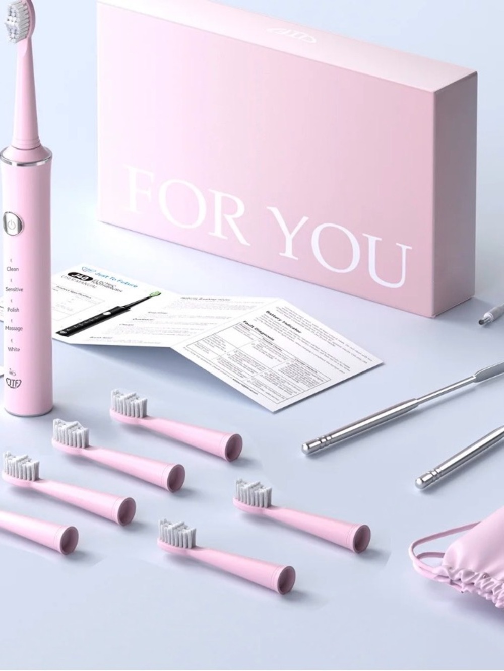 JTF (J40) Sonic Electric Toothbrush with 8 Brush Heads, Tongue Scraper & Bag